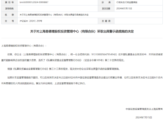 上海易德增股权投资基金收证监局警示函，因未向投资者披露可能影响其合法权益的重大信息  第1张