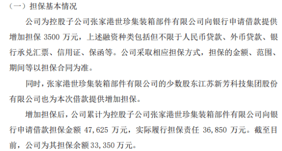 世珍股份为控股子公司张家港世珍集装箱部件有限公司向银行申请借款提供增加担保3500万